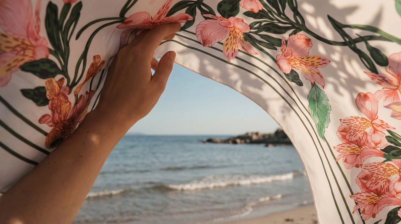 En sammansättning av geometriska former: en orange båge, träkuber och en kartong mot en mjuk blå och rosa bakgrund.